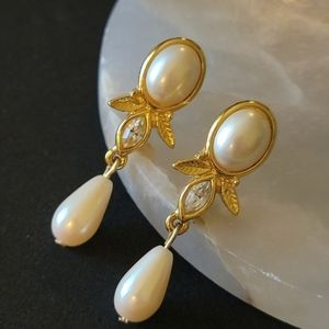 Marvella Signed Vintage Faux Pearl Gold Tone Leaf Drop Earrings Marquise Crystal